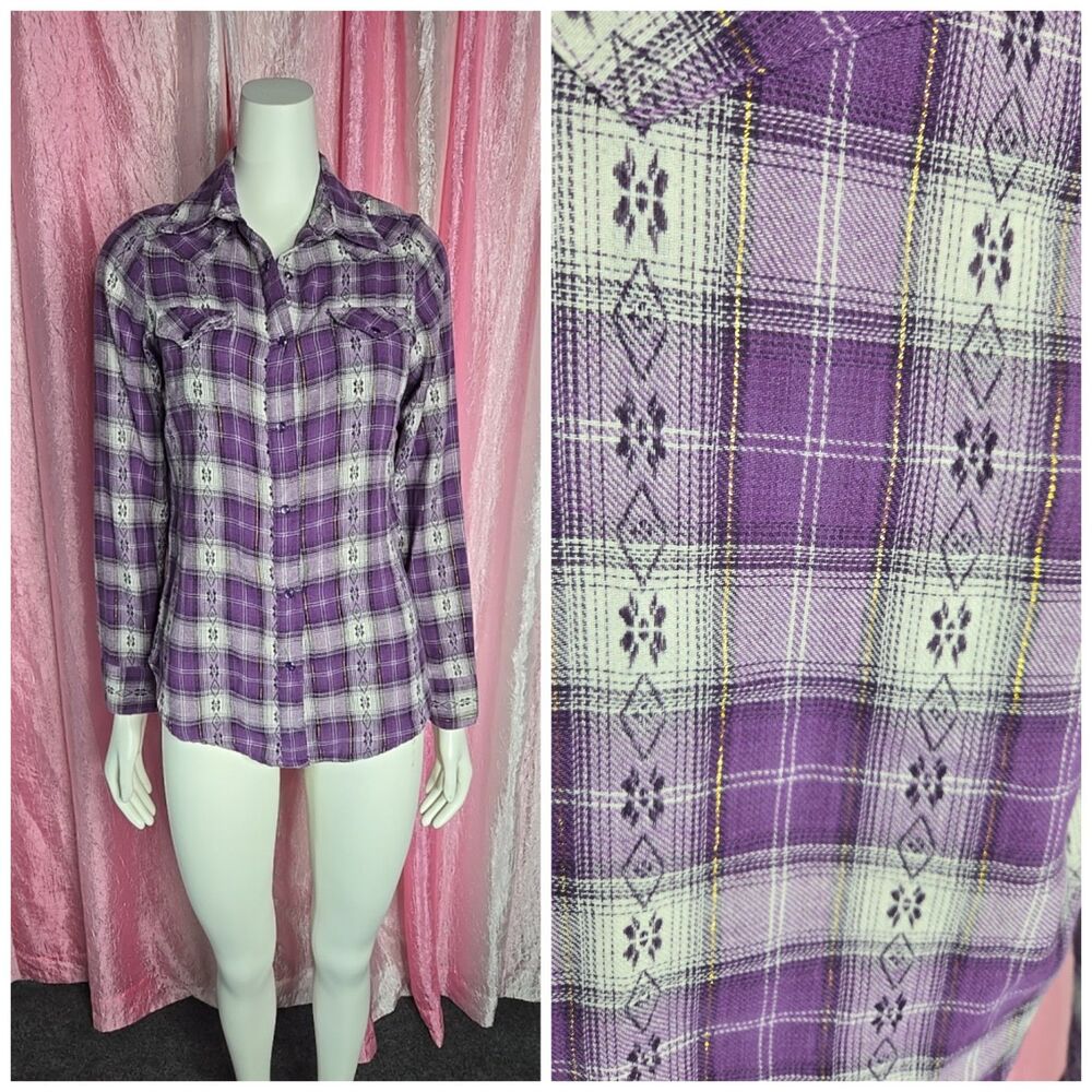 Wrangler Western Purple Plaid Pearl Snap Front Cotton Flannel Blouse Size Small